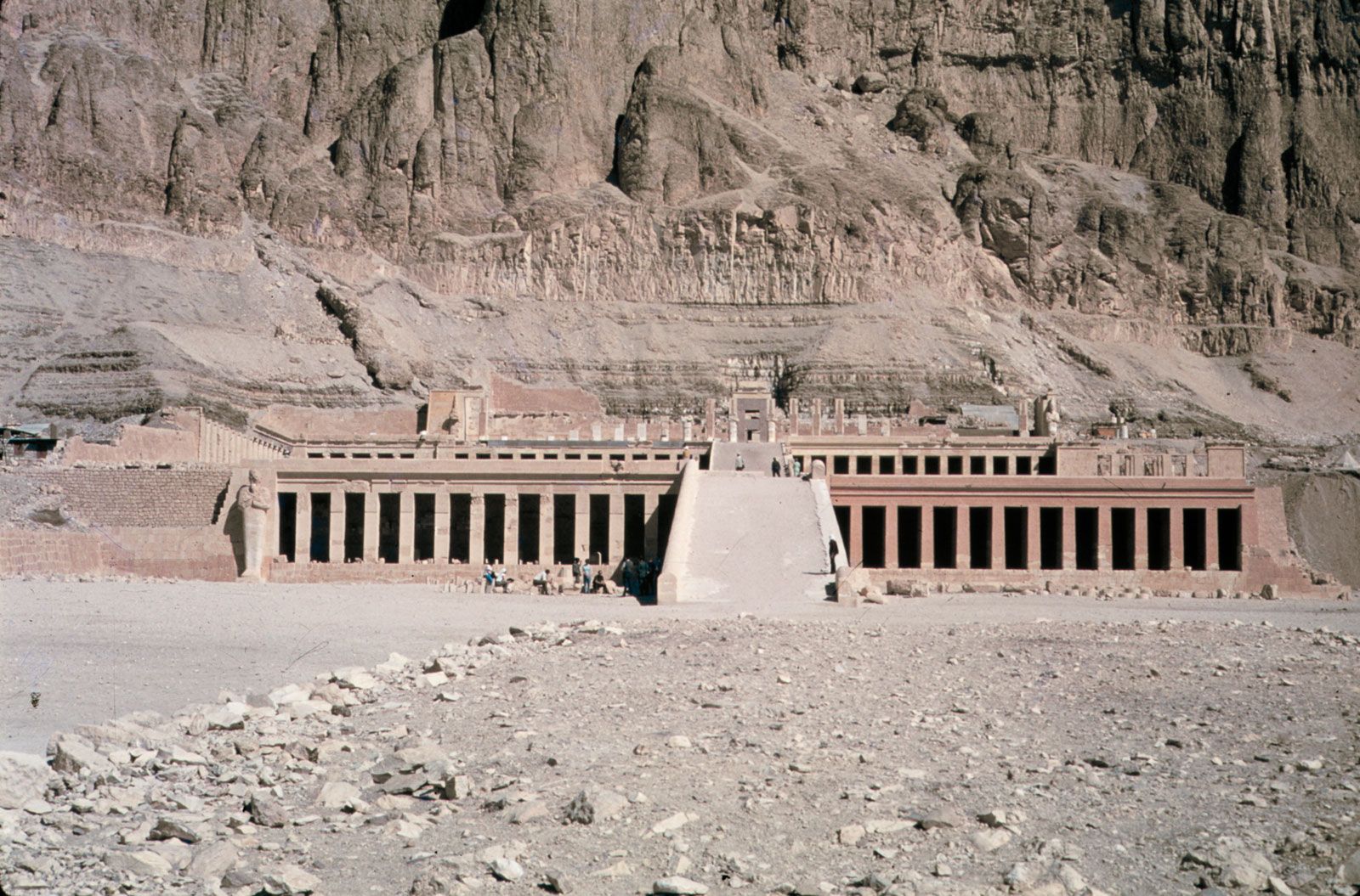 The dramatic, terraced Temple of Hatshepsut built into the cliffs of the West Bank.