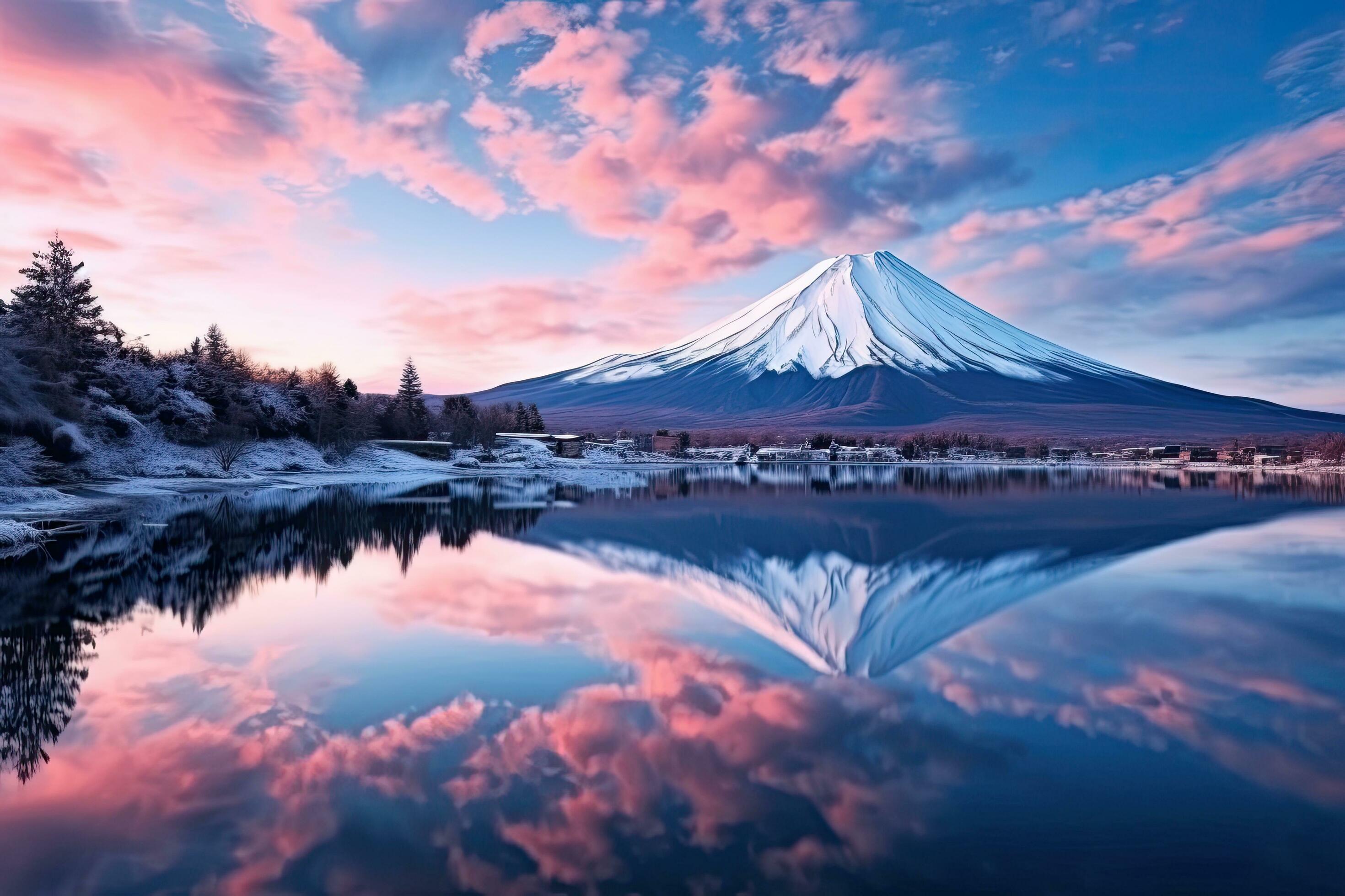 The stunning inverted reflection of Mount Fuji on the calm surface of Lake Kawaguchi with a row of cherry blossom trees in the foreground.