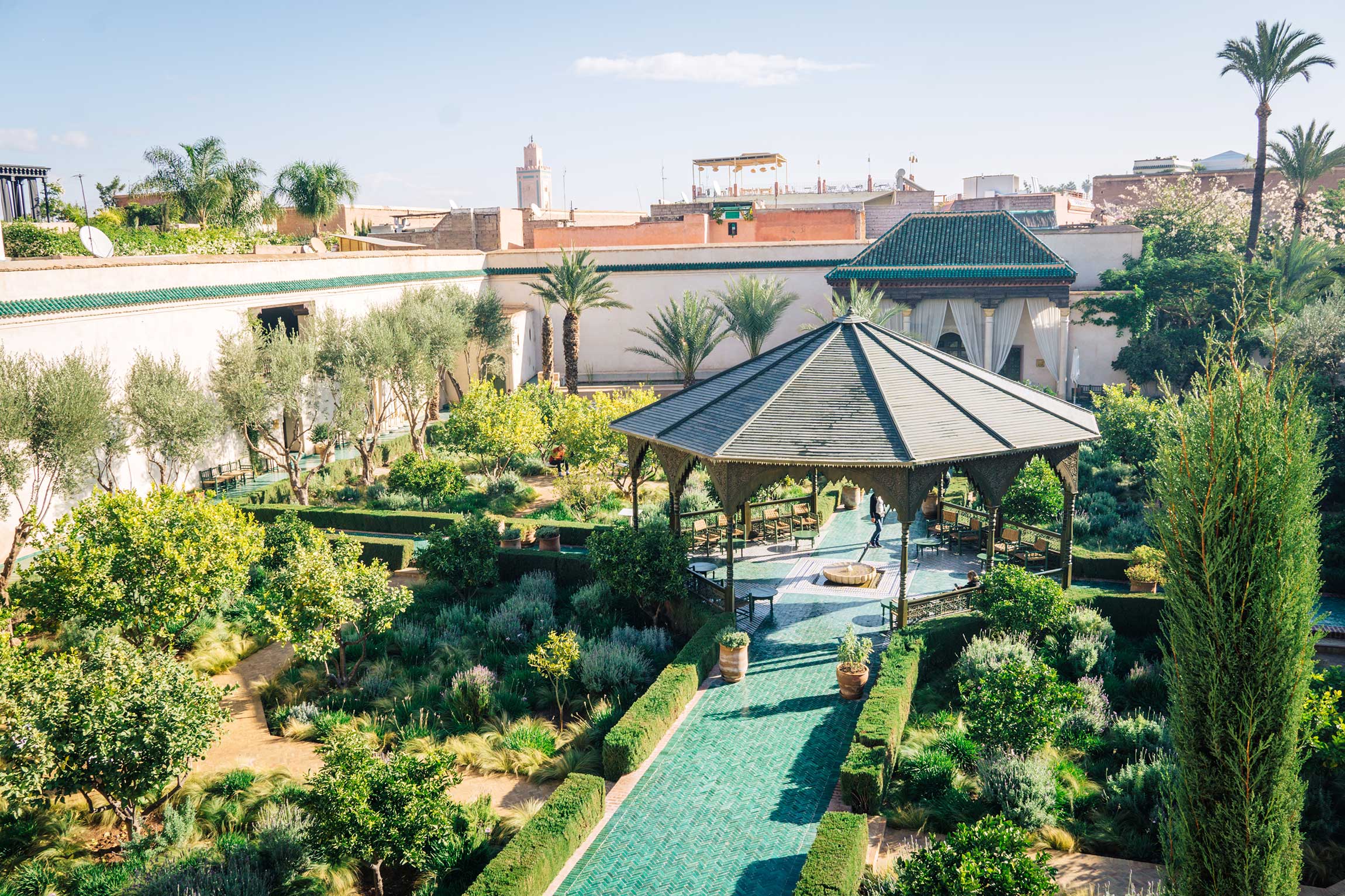 A serene view of the gardens within Le Jardin Secret in Marrakech.