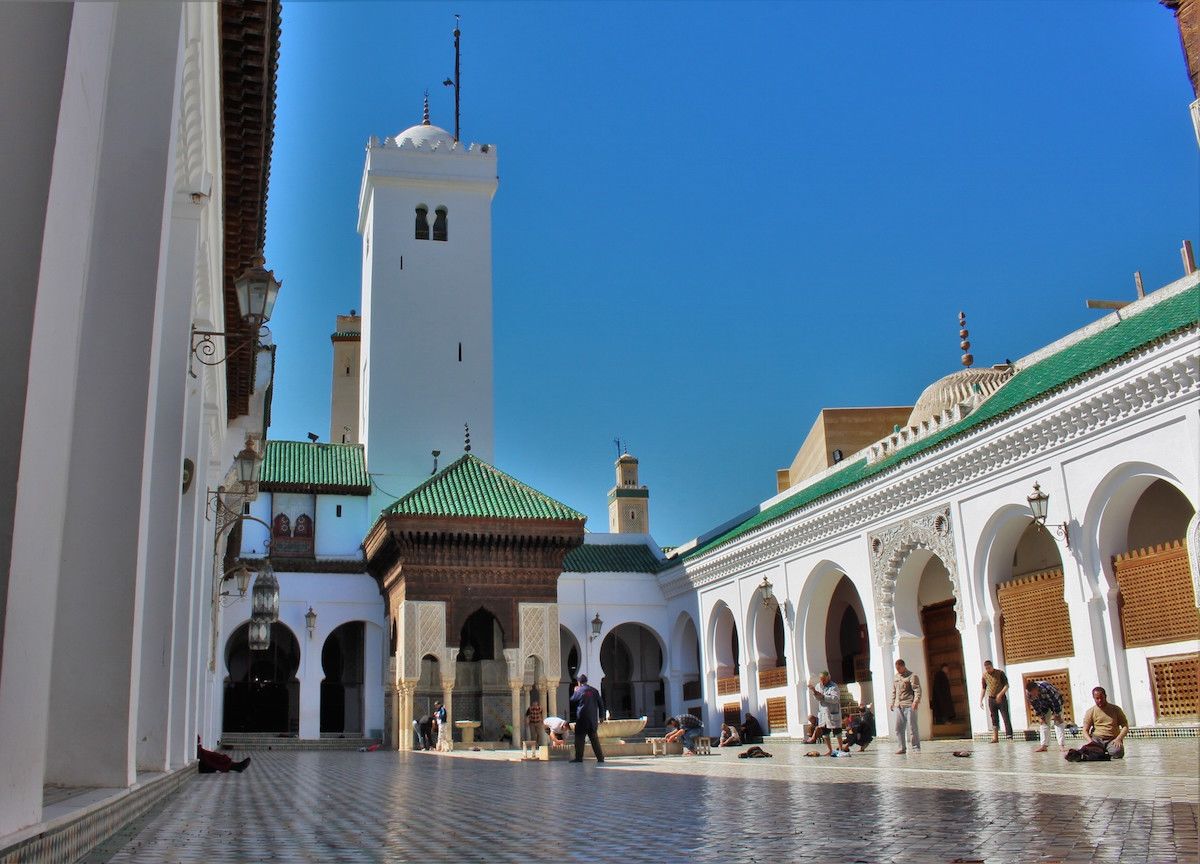 A glimpse into the ornate courtyard of Al-Qarawiyyin University in Fes.