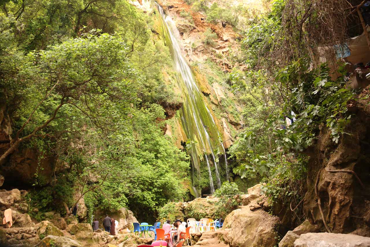 A serene view of a waterfall in the Akchour National Park near Chefchaouen.