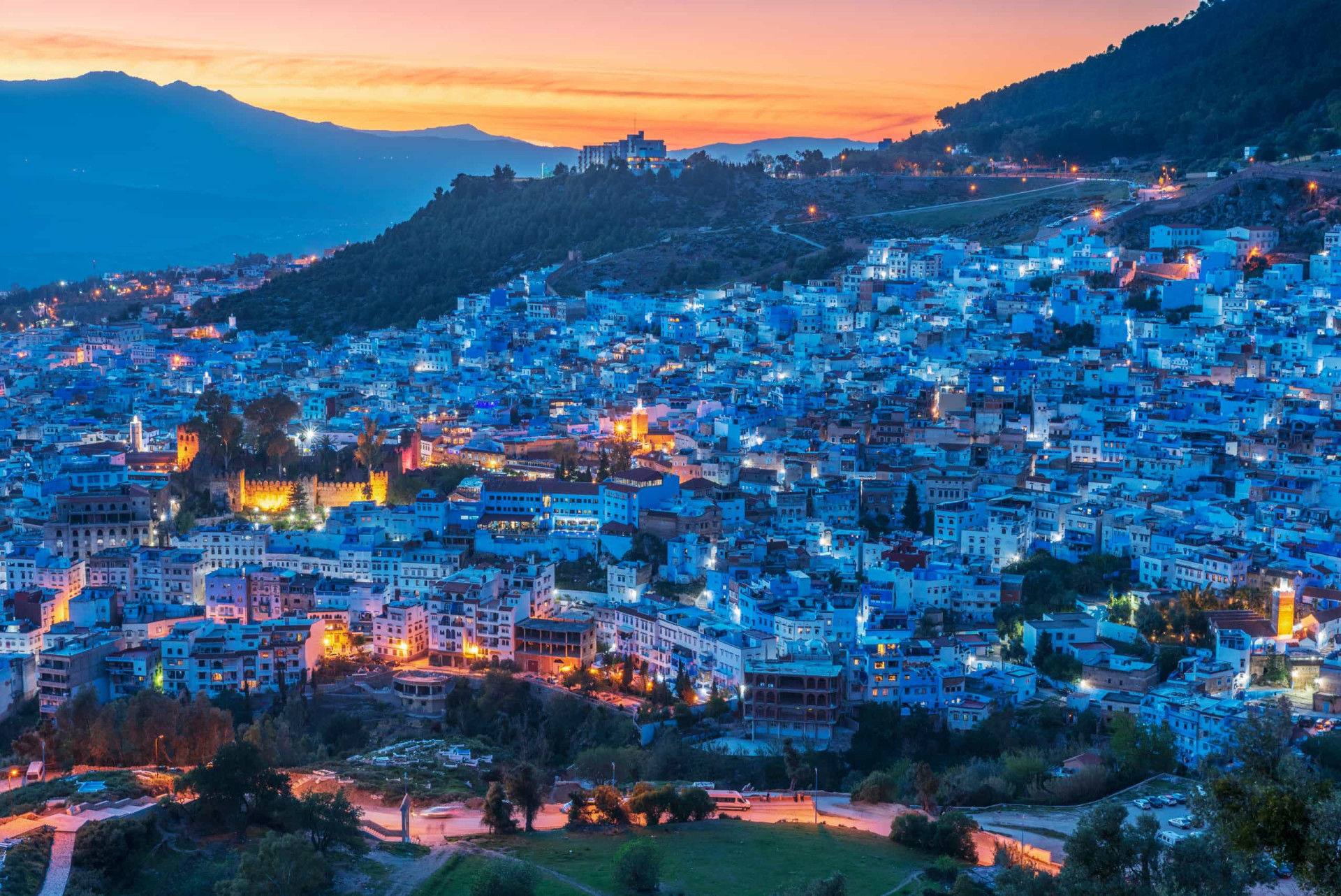 A stunning view of Chefchaouen at sunset from the Spanish Mosque.