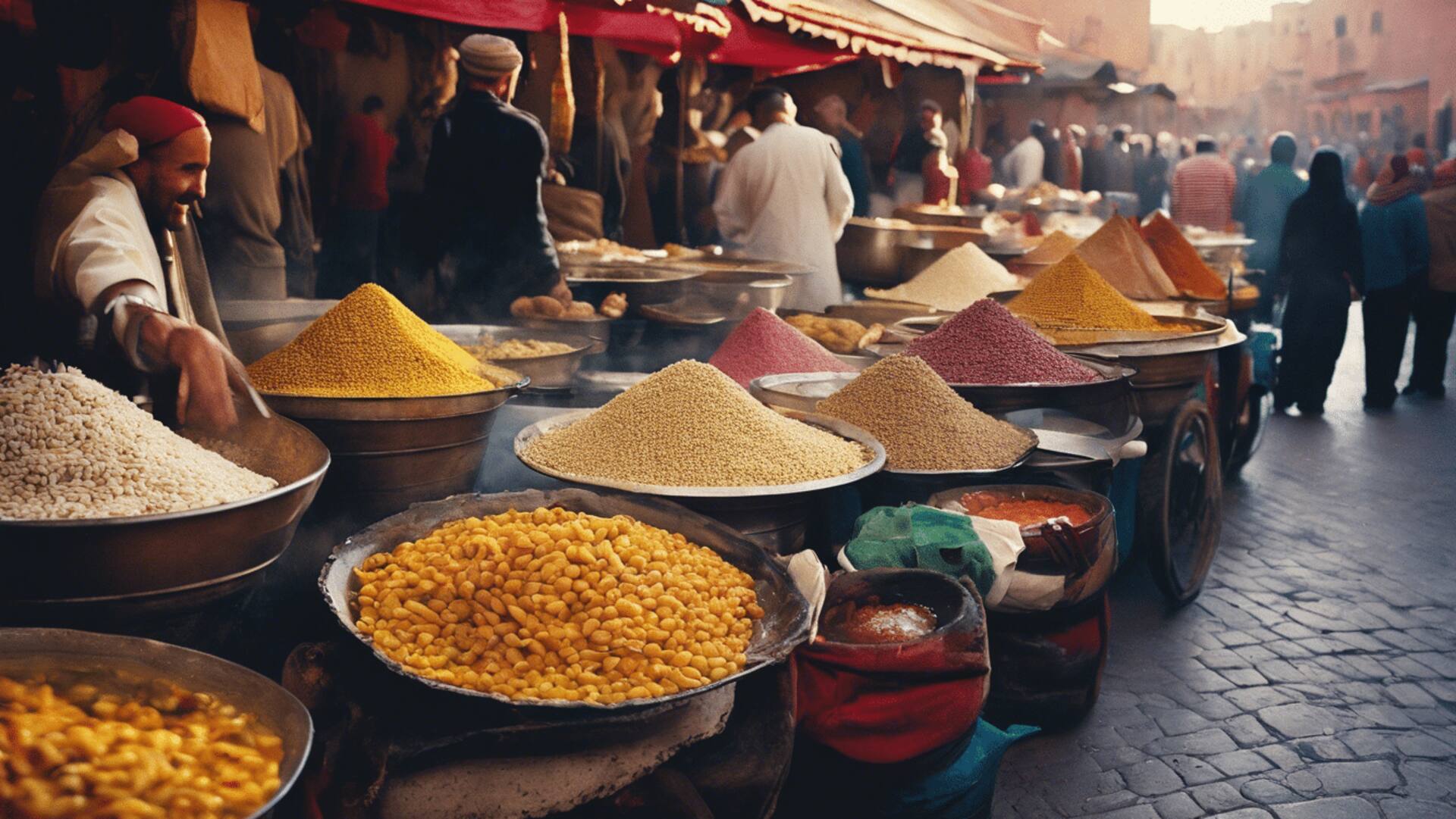 A bustling Moroccan street food stall with various dishes.