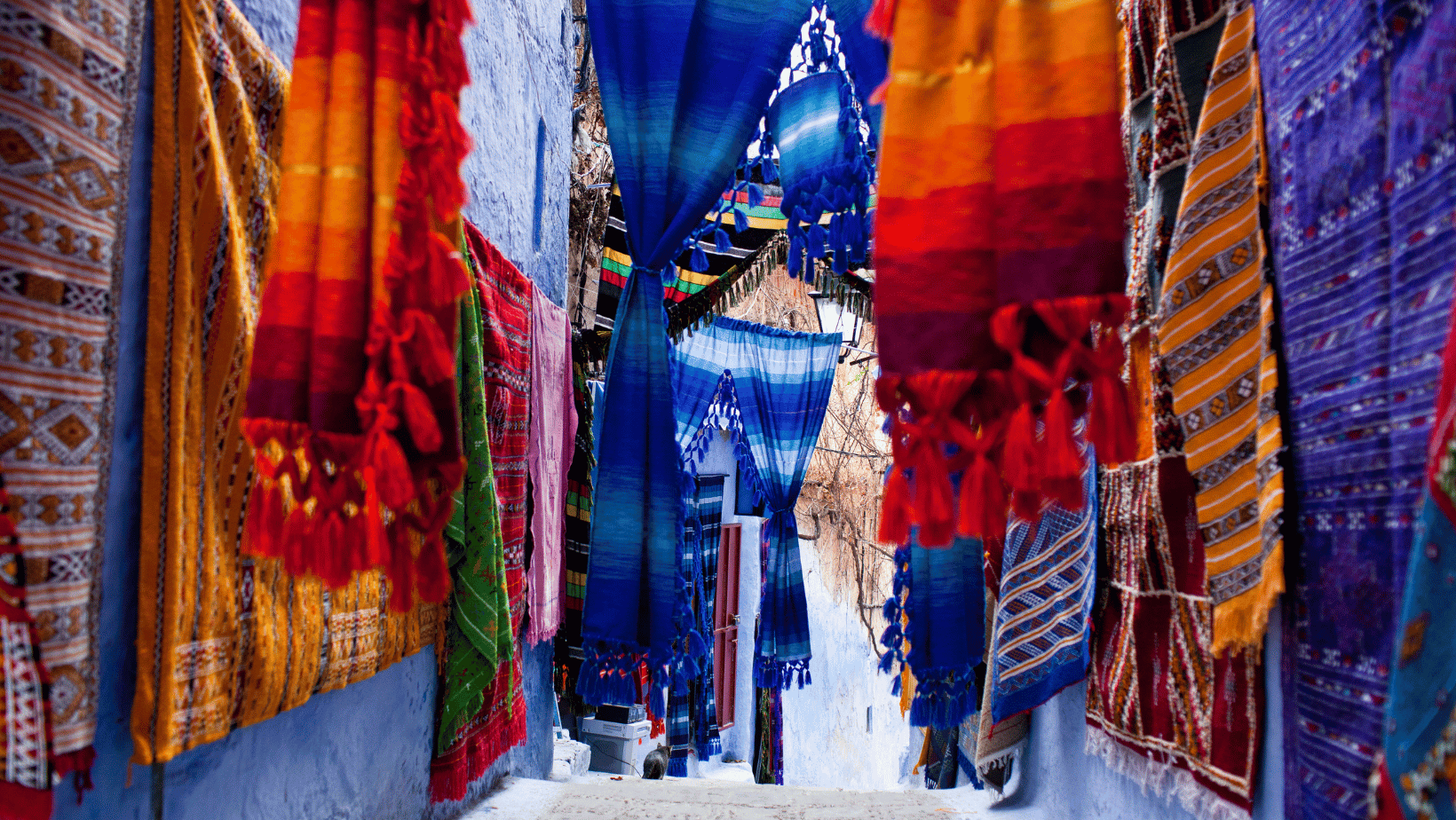 Skeins of colorful dyed wool hanging in the Dyers' Souk.