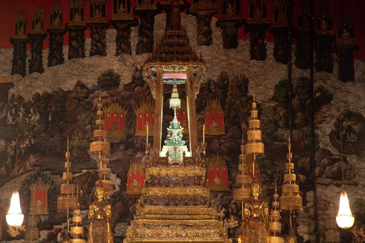 The richly decorated interior of the Temple of the Emerald Buddha.